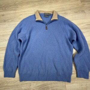 Talbots Mens 100% Cashmere Quarter Zip Sweater Blue Diamond Knit Textured Medium